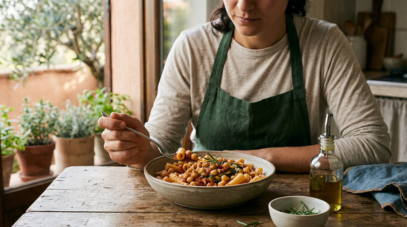 Piatto di pasta e ceci della tradizione mediterranea con rosmarino e olio extravergine d'oliva
