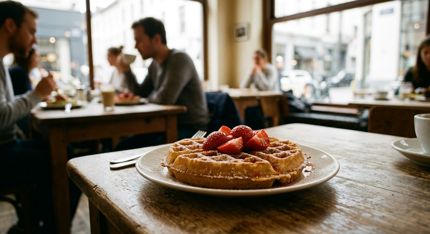 Frisch gebackene vegane belgische Waffel serviert mit roten Erdbeeren und feinem Puderzucker in Brüssel