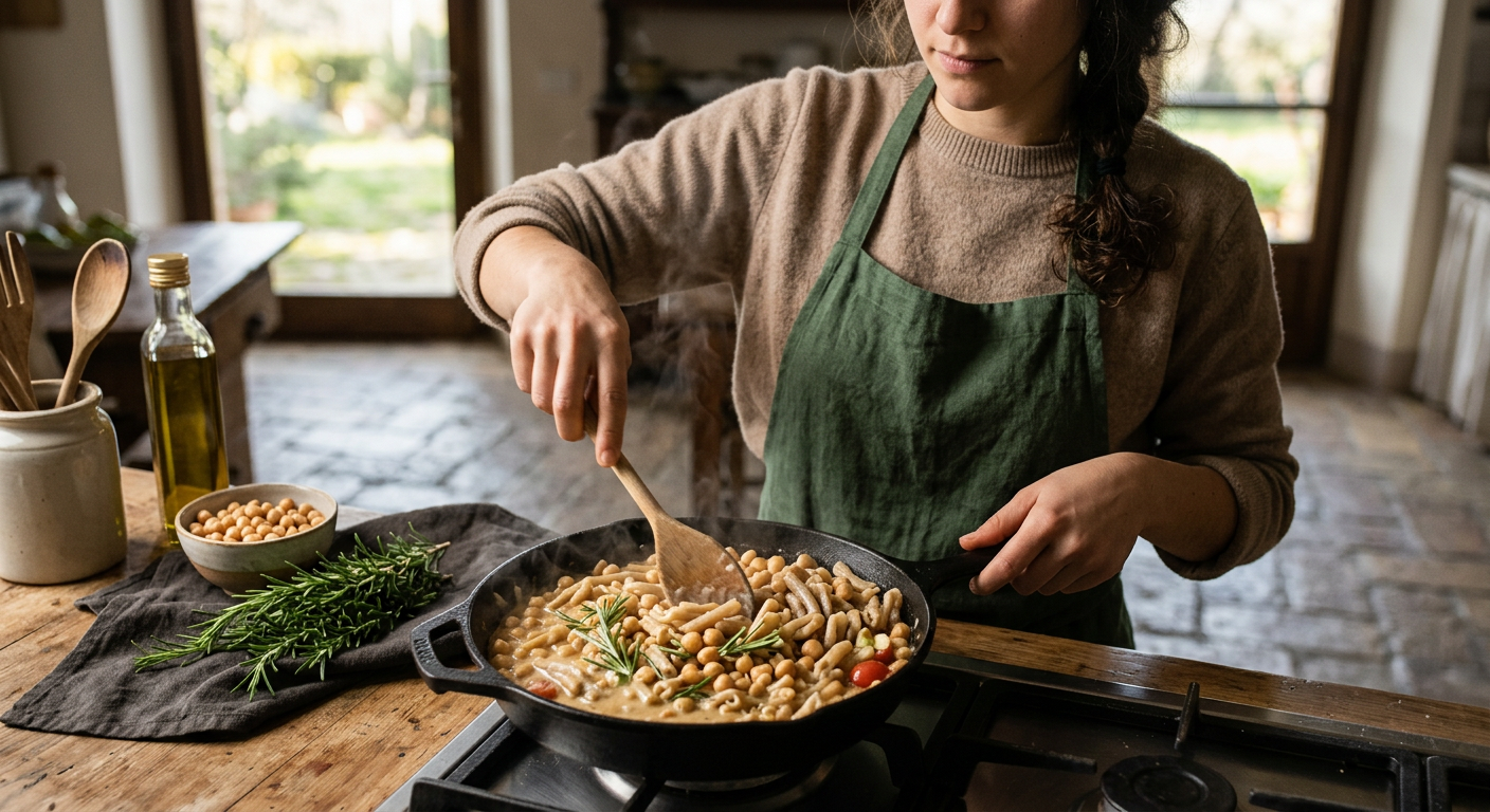La pasta e ceci cremosa al rosmarino, preparata risottando la pasta corta con acqua di cottura ed erbe fresche.