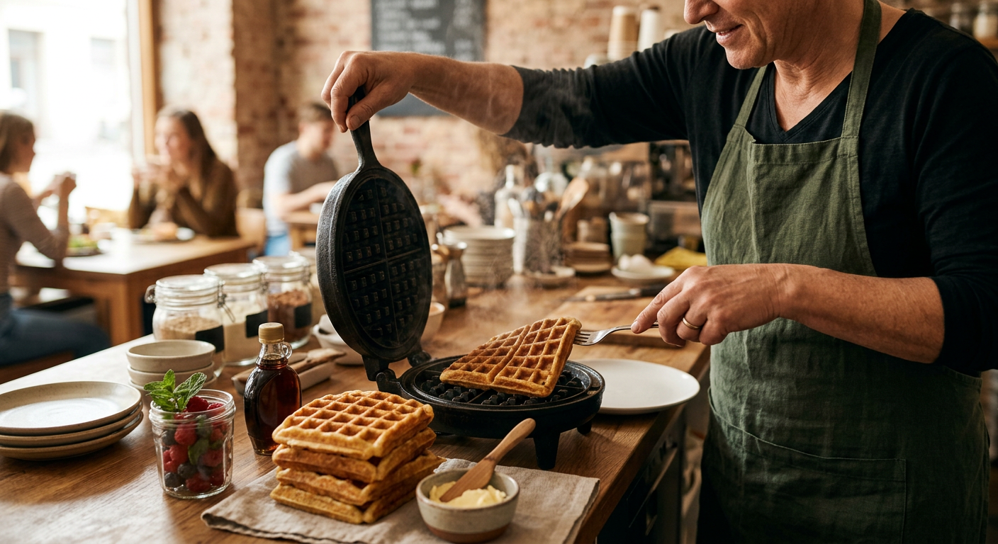 Traditionelle gusseiserne Waffeleisen formen das typische tiefe Gittermuster Brüsseler Waffeln.