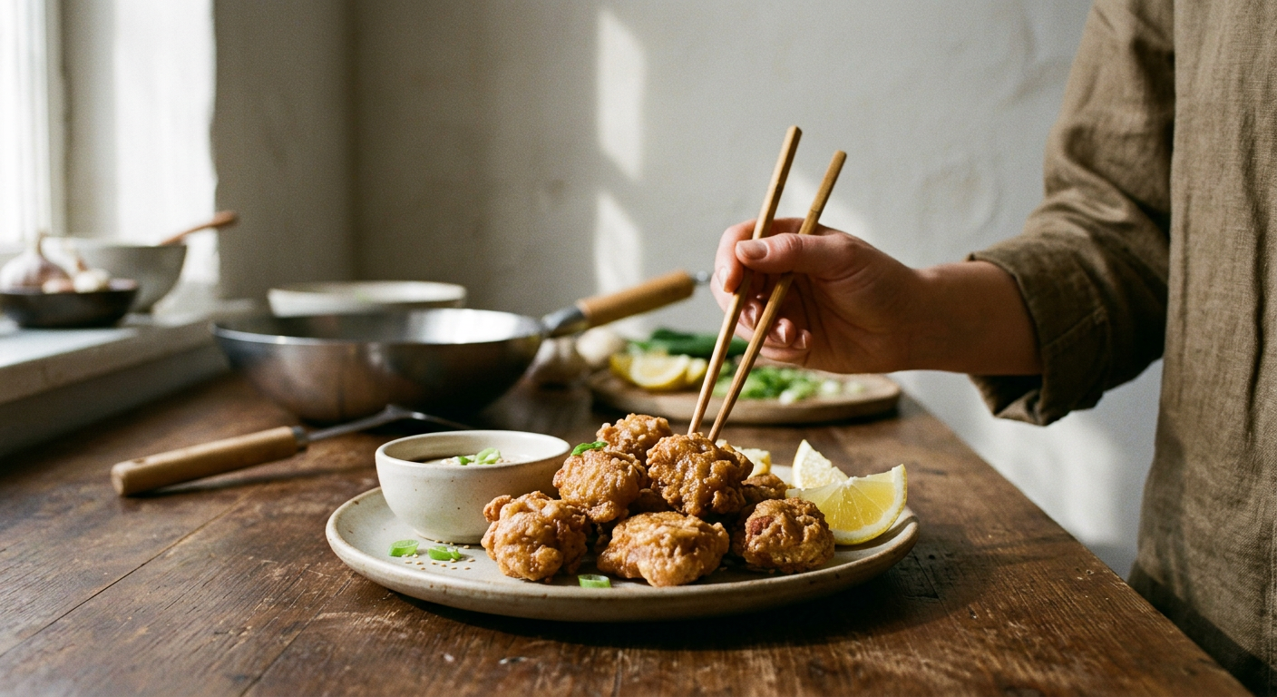 片栗粉をまぶして高温で揚げた大豆ミート。見た目や香りは鶏肉の唐揚げと遜色ない。
