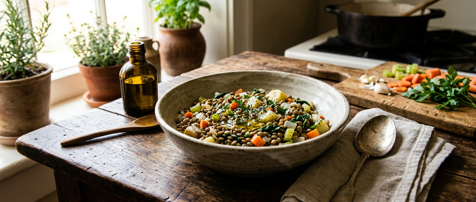 Bol rustique de lentilles vertes cuisinées avec des légumes de saison sur une table en bois