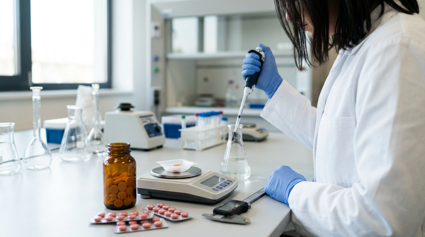 Compresse di vitamina B12 e strumenti di misurazione biochimica in laboratorio