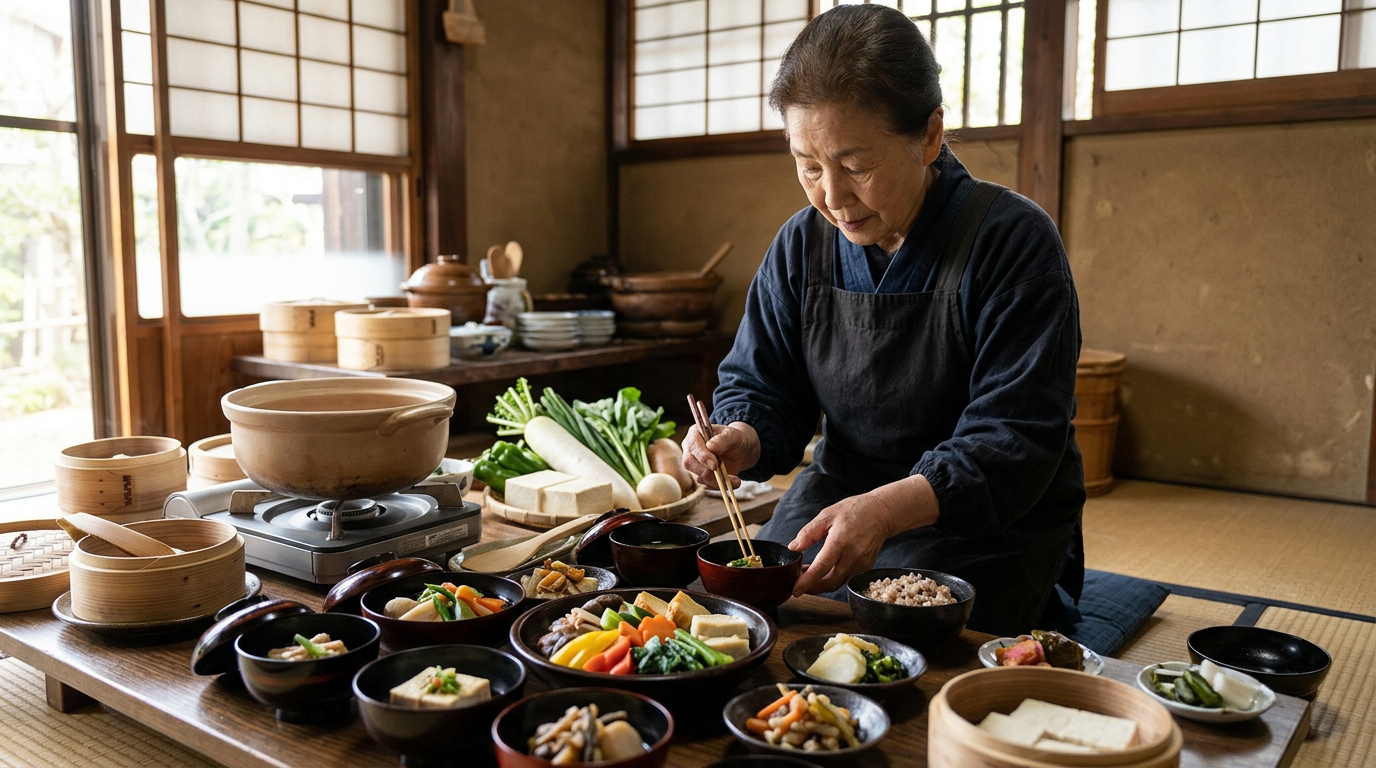 彩り豊かな野菜や豆腐、漆器に盛り付けられた伝統的な精進料理