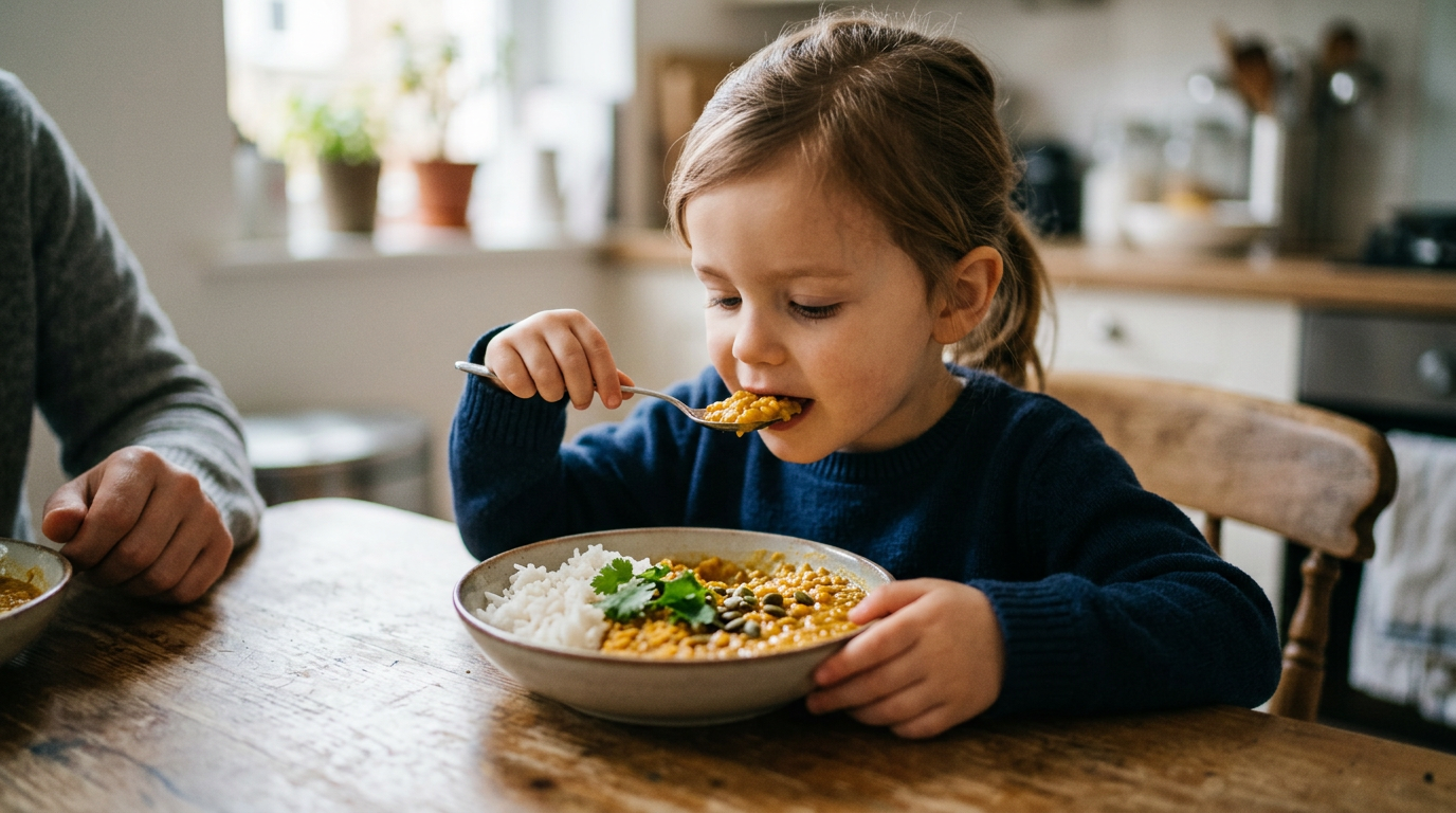A comforting bowl of mild golden red lentil dahl garnished with fresh coriander and pumpkin seeds for children.