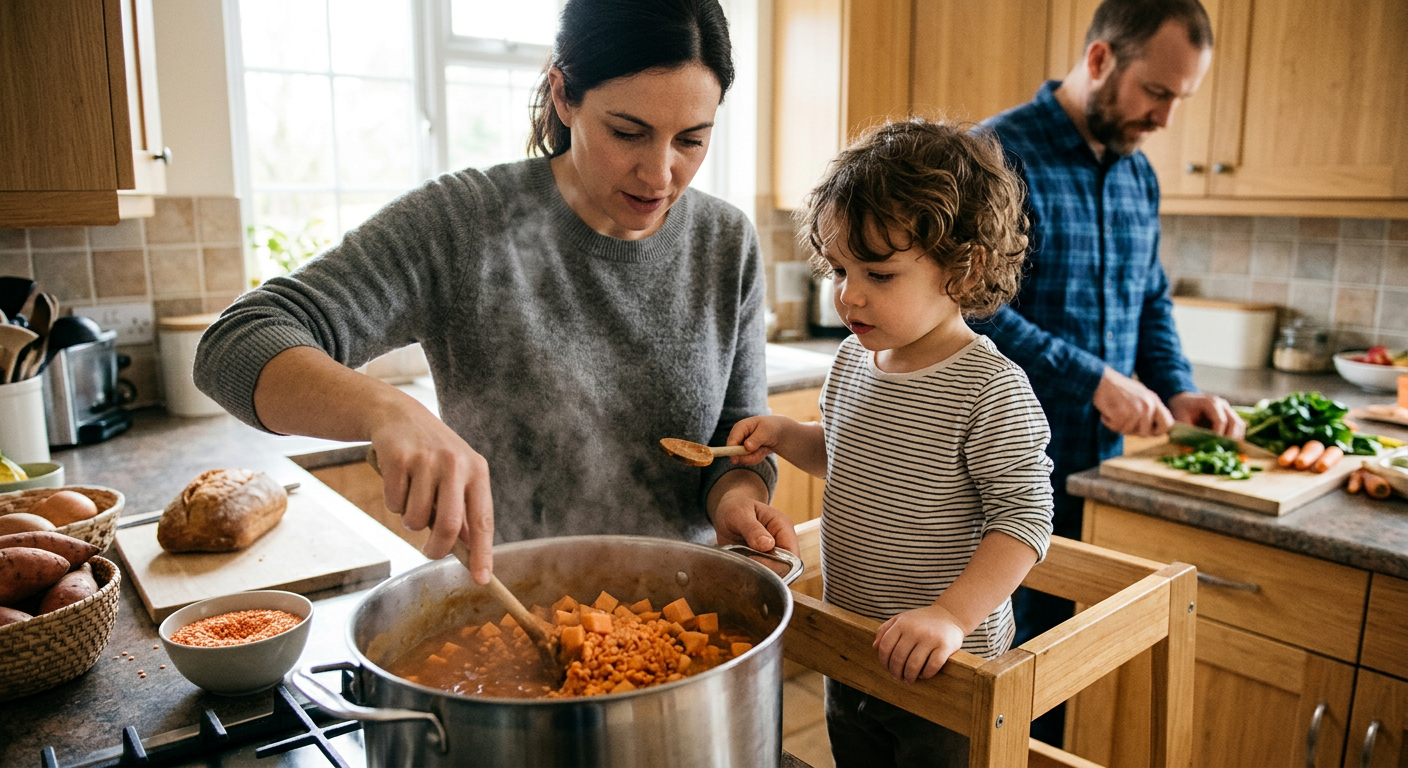 Split red lentils and diced sweet potato break down gently during cooking, maximizing digestibility and nutrient absorption.