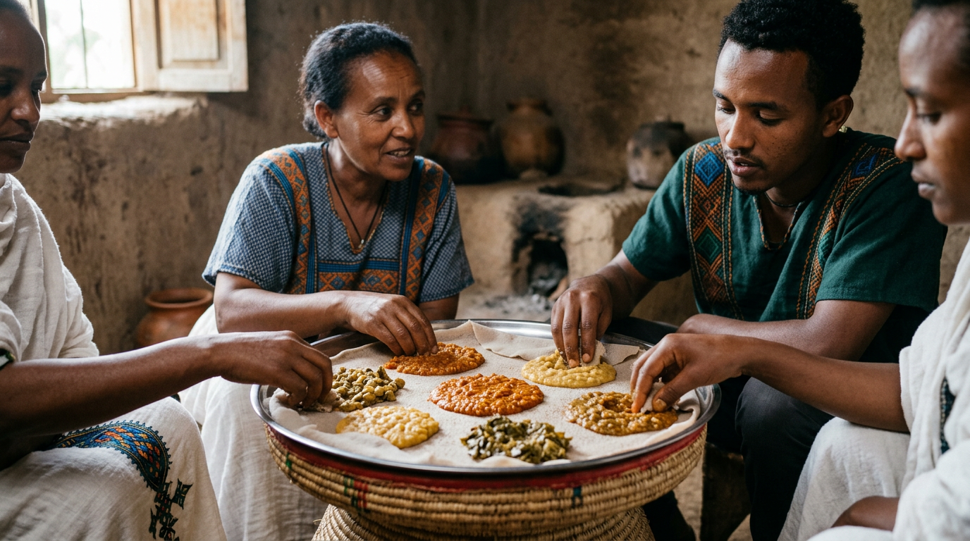 የተለያዩ የኢትዮጵያ የጥራጥሬ ምግቦች ምስር ሽሮ እና አተር በእንጀራ ላይ ተዘጋጅተው
