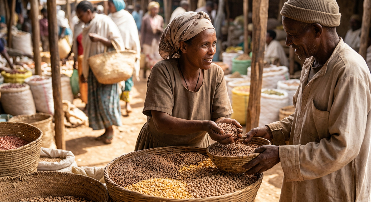 በአካባቢ ገበያ የሚገኙ እንደ ምስር እና ሽምብራ ያሉ ጥራጥሬዎች የፕሮቲን ምንጭ ናቸው።