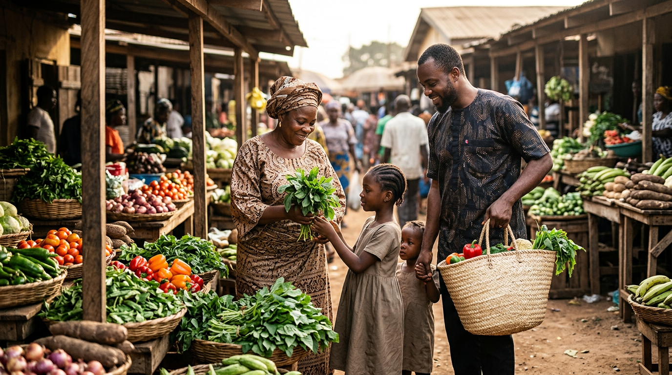 Ọjà ewébẹ̀ àti èso ní ilẹ̀ Nàìjíríà pẹ̀lú ẹ̀fọ́ tútù àti ẹ̀wà
