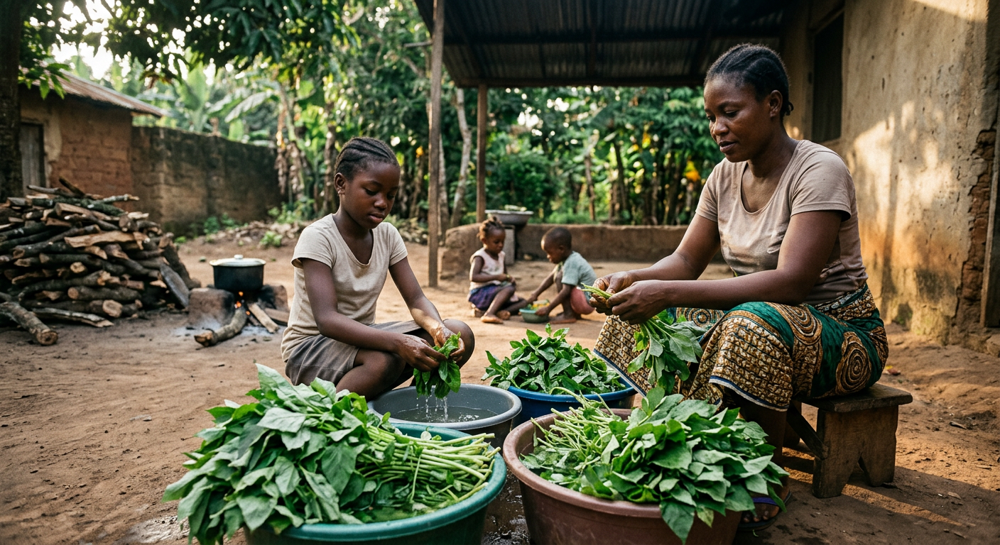 Ẹ̀fọ́ tútù bíi sọkọ àti ewúro tí àgbẹ̀ kórè láti inú oko ní Nàìjíríà