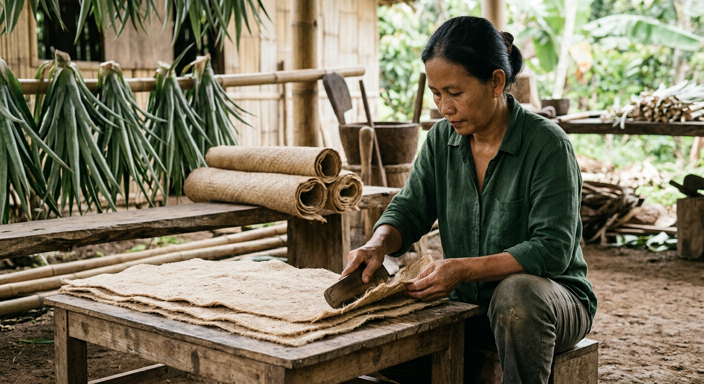 Sợi xenlulo từ lá dứa tự nhiên được xử lý thành tấm nền vật liệu dẻo dai thay thế da động vật truyền thống.