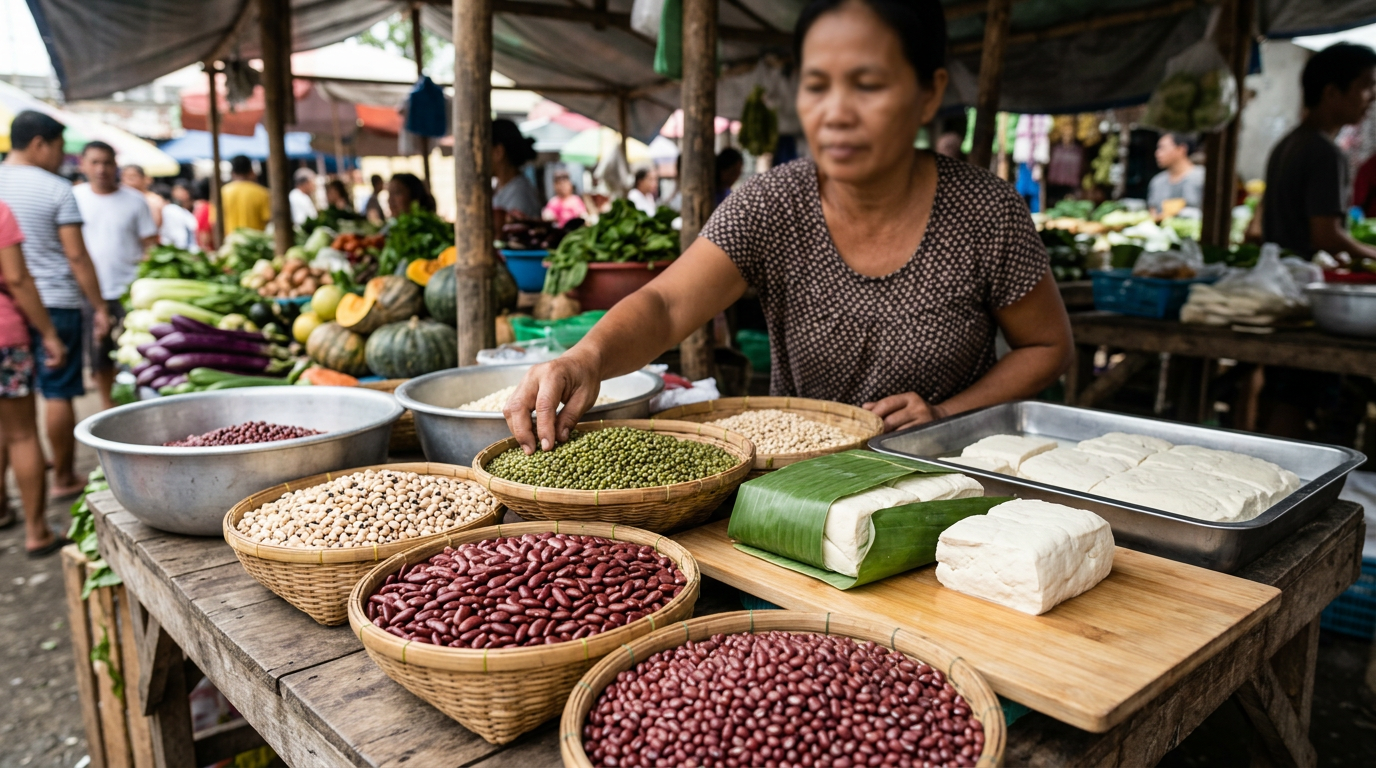 Sariwang tokwa at iba't ibang uri ng munggo at beans sa isang palengke sa Pilipinas