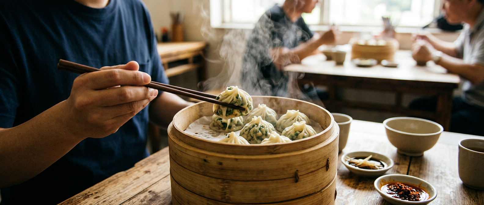 蒸笼中热气腾腾的精致手工纯素素食水饺