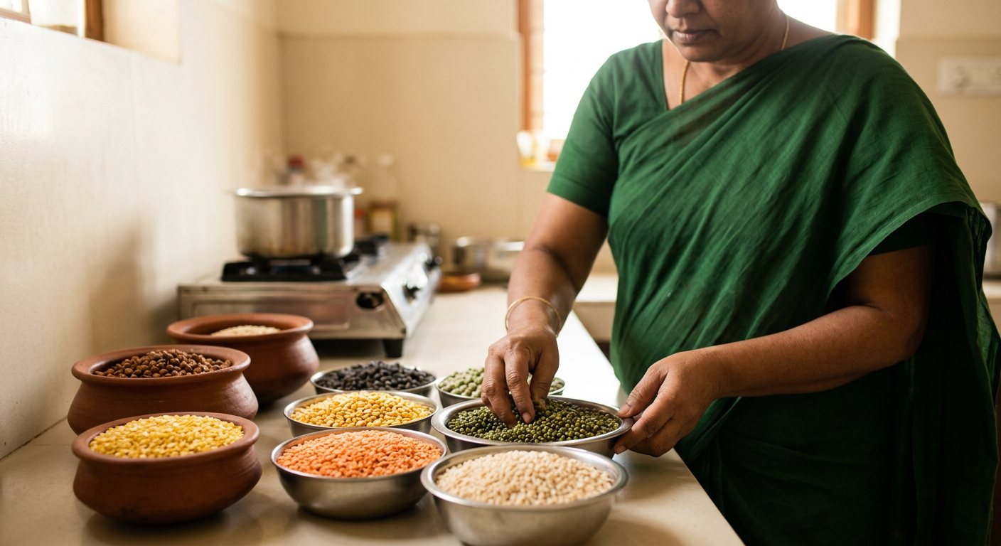 தென்னிந்திய சமையலறைகளில் அன்றாடம் பயன்படும் புரதம் நிறைந்த பருப்பு மற்றும் பயறு வகைகள்.