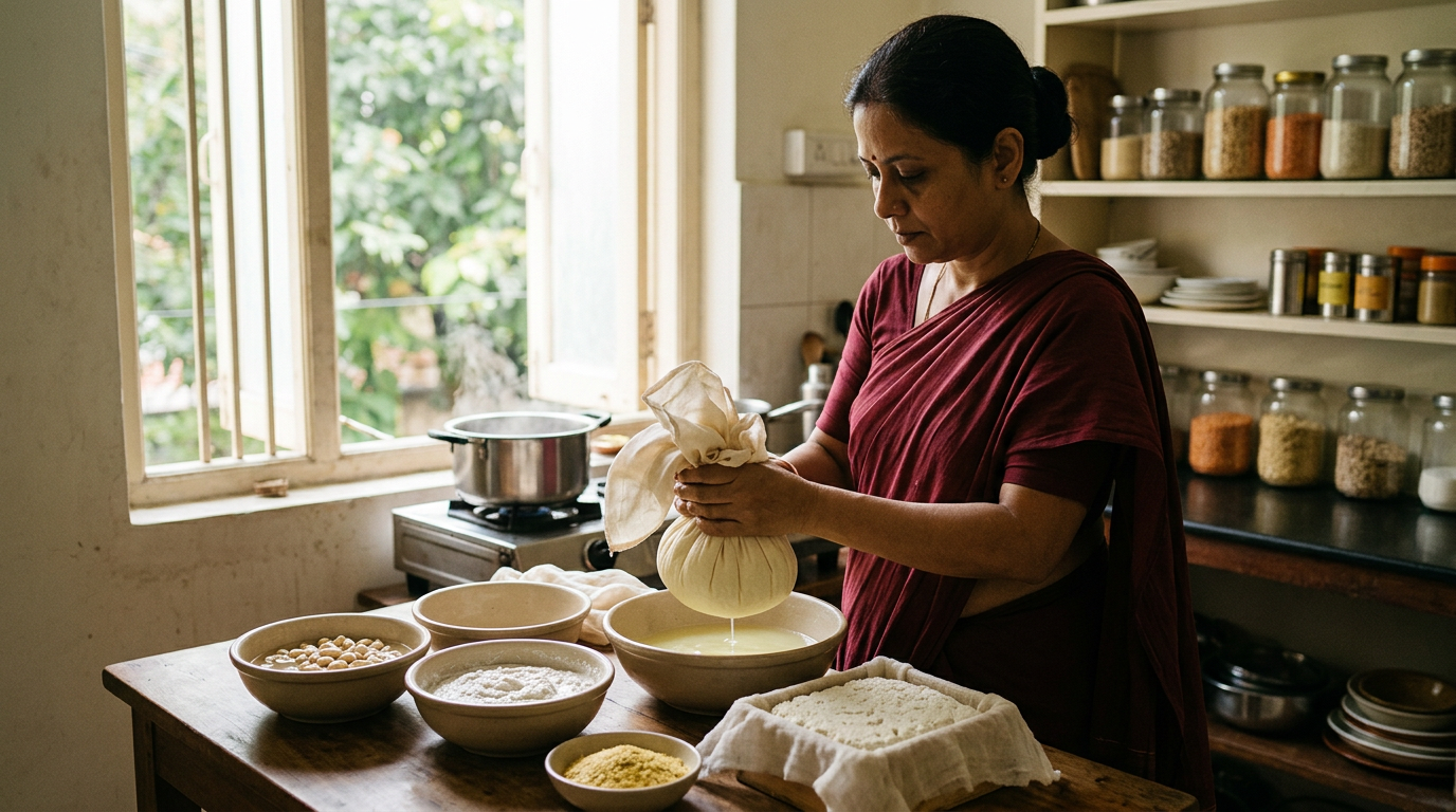 একটি রান্নাঘরে নিরামিষ পনির তৈরির প্রক্রিয়া, যেখানে কাঁচামাল ও তৈরি পনির দেখা যাচ্ছে