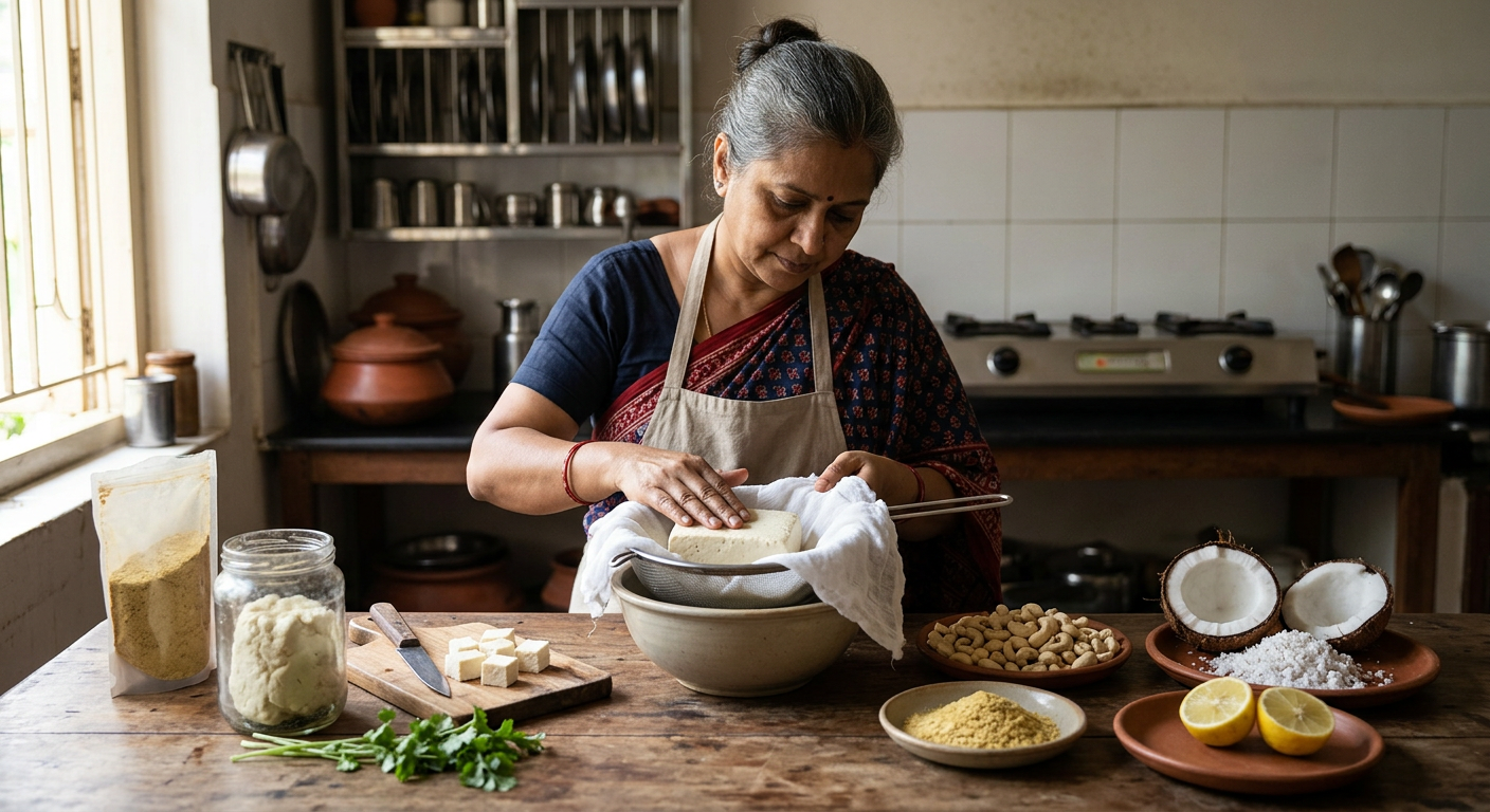নিরামিষ পনির তৈরির জন্য প্রয়োজনীয় কাঁচামাল: কাজু, নারকেল, পুষ্টিকর ইস্ট ও লেবু