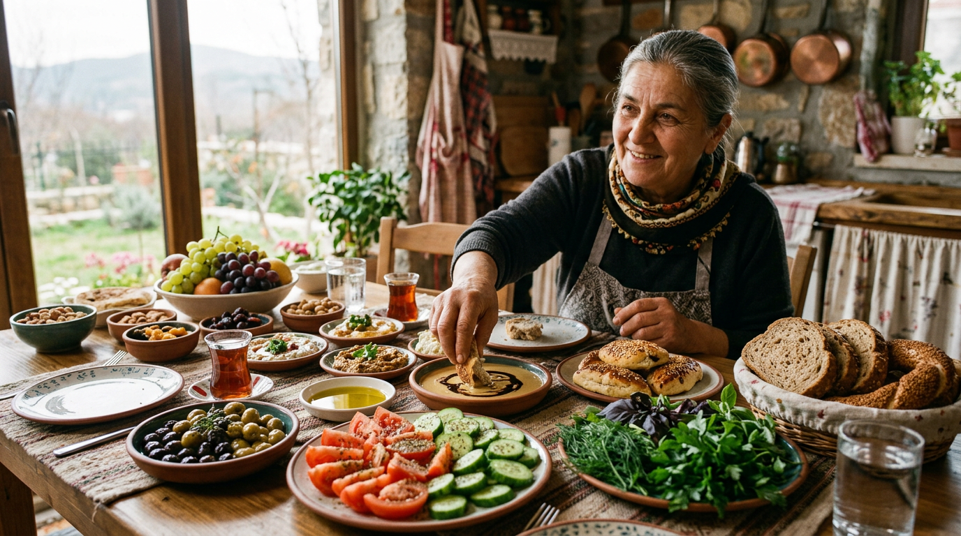 Zeytinler, domatesler, taze otlar ve tahinle donatılmış zengin bir bitkisel kahvaltı sofrası