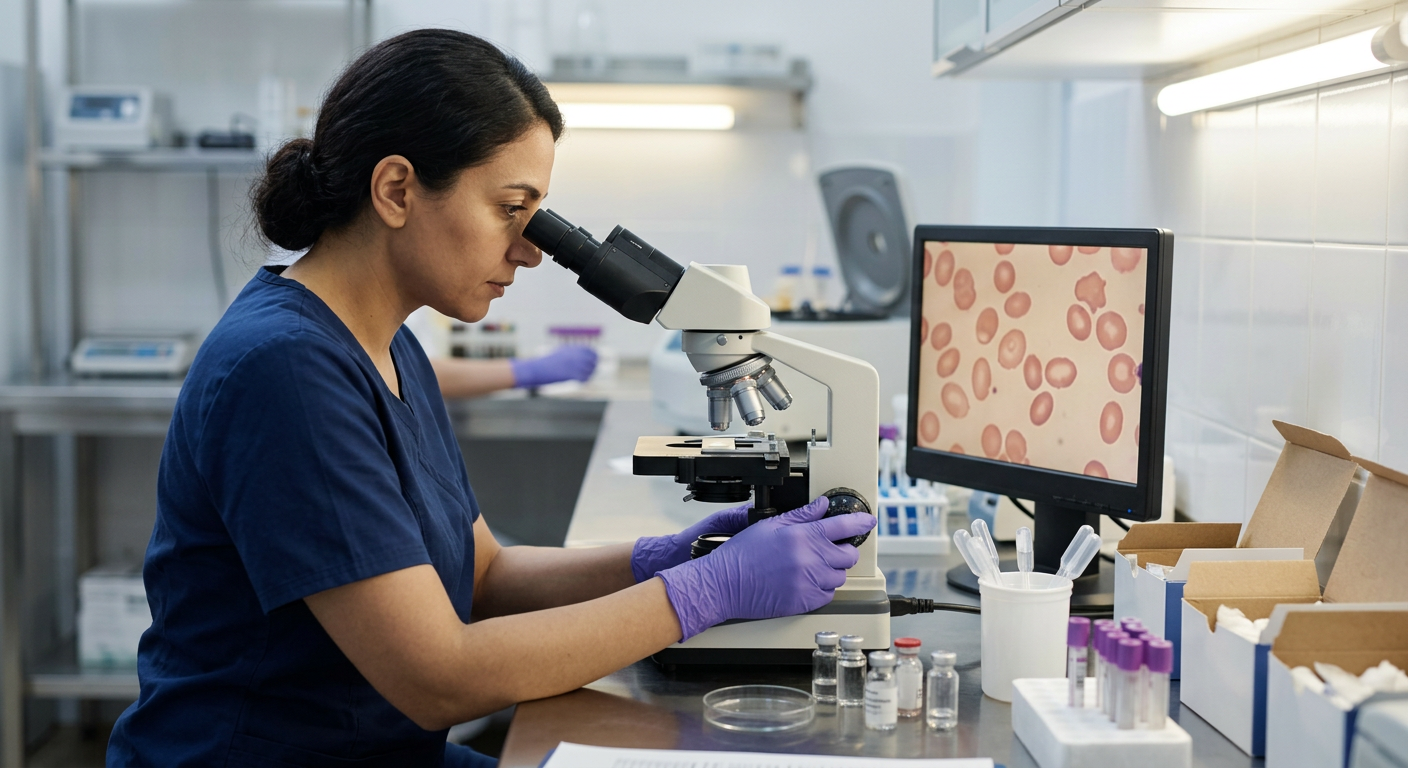 Pemeriksaan mikroskopis sel darah merah yang membesar abnormal akibat hambatan sintesis DNA pada defisiensi vitamin B12.