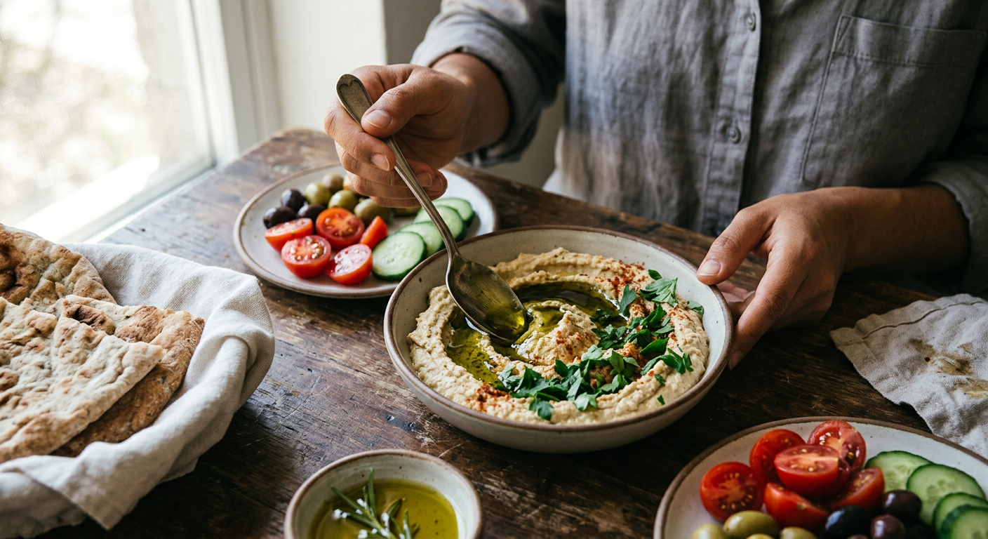 Geleneksel yöntemle taş değirmen tahini ve zeytinyağı ile hazırlanan humus, sabah öğününde mükemmel bir protein kaynağıdır.