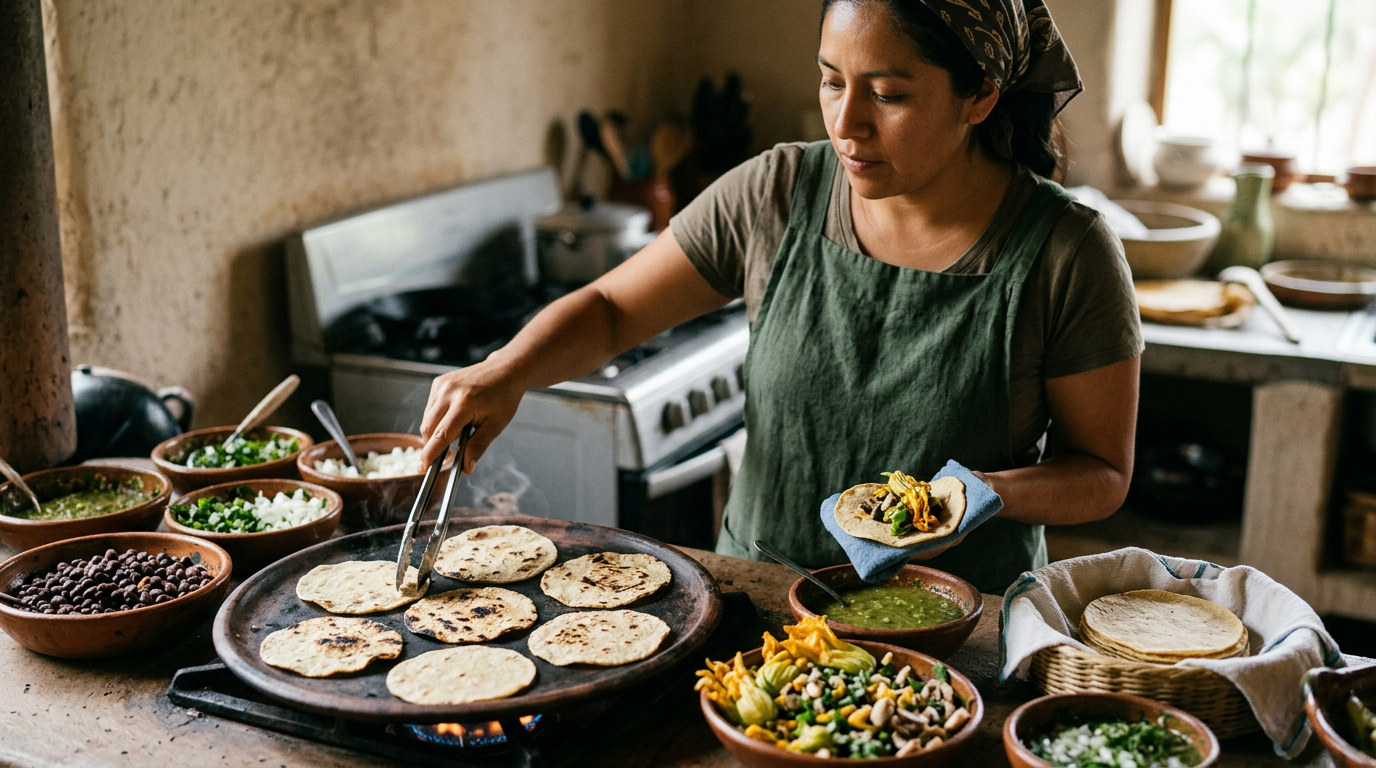 Tacos ica tlaolli, etl, nanacatl huan xochitl ipan ce comalli
