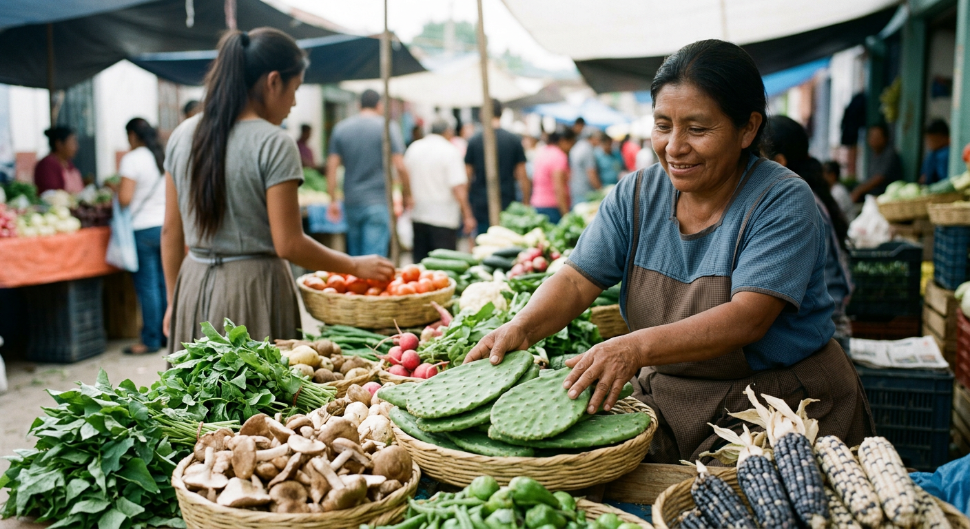 Tianguis tlacualcencahualli: nopalli, quelites huan nanacatl tlen tlalticpac macehualli.