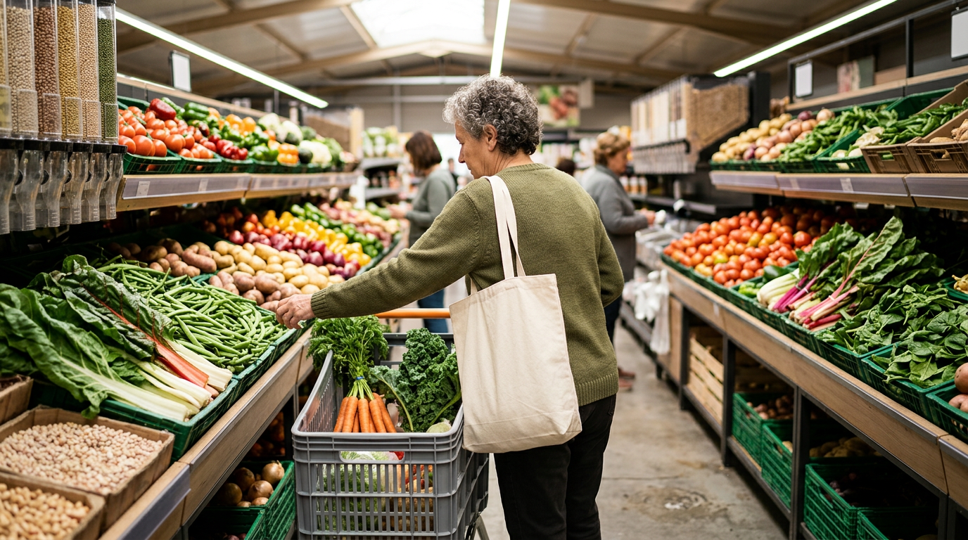 Pasillo de verduras y legumbres frescas en un supermercado en España