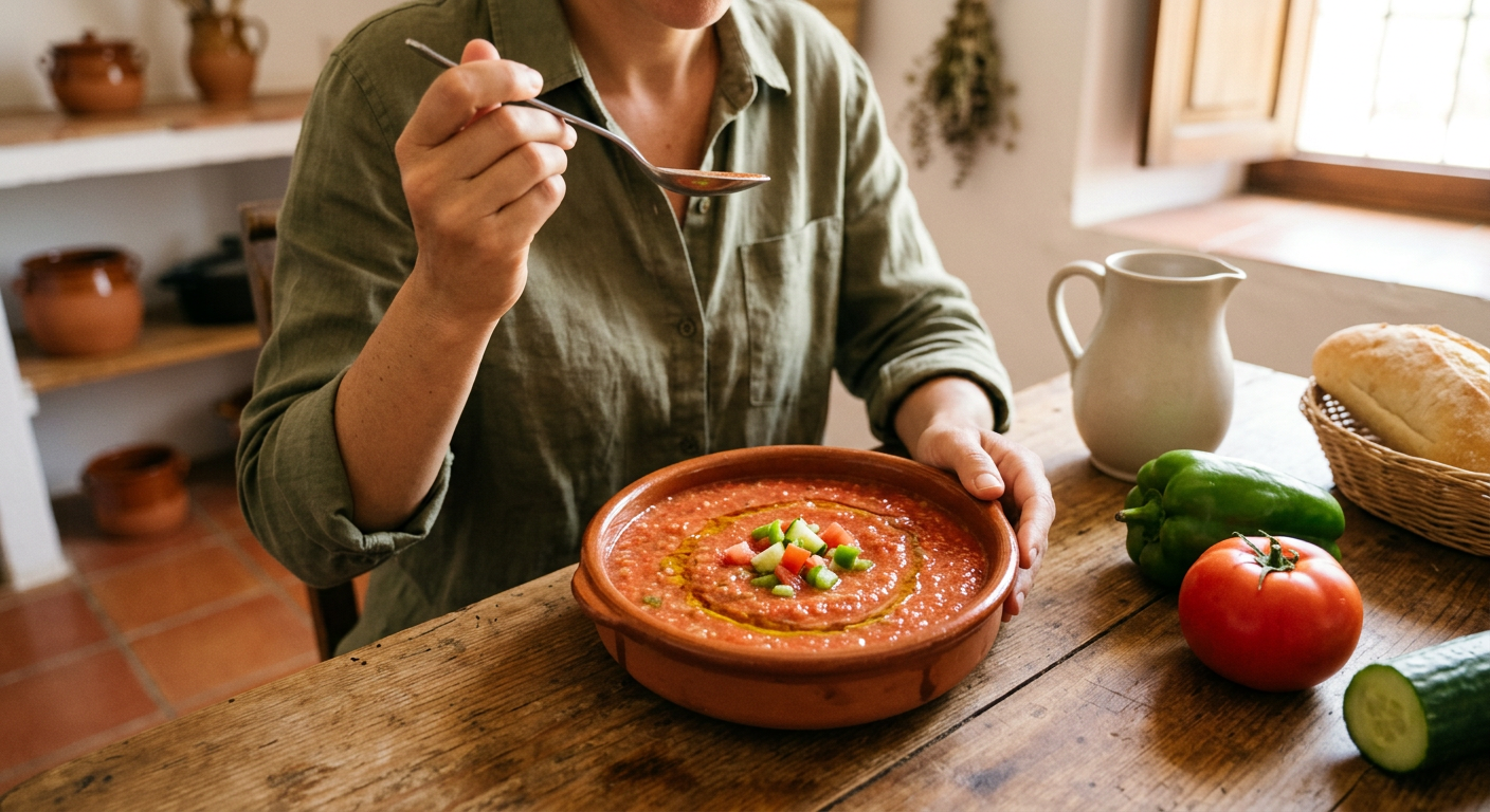 El gazpacho andaluz: nutrición vegetal tradicional basada en tomate, pimiento, pepino y aceite de oliva virgen extra.
