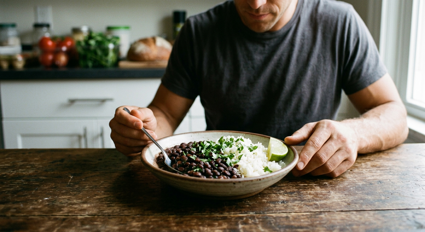 O clássico prato de feijão preto com arroz: alicerce completo de aminoácidos para atletas veganos.