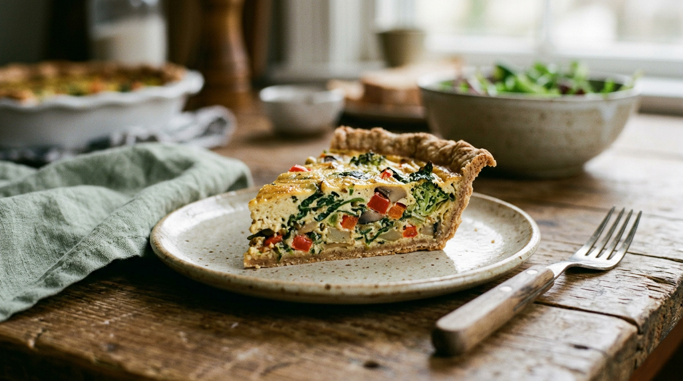 Une part de quiche vegan dorée garnie de légumes de saison sur une table rustique