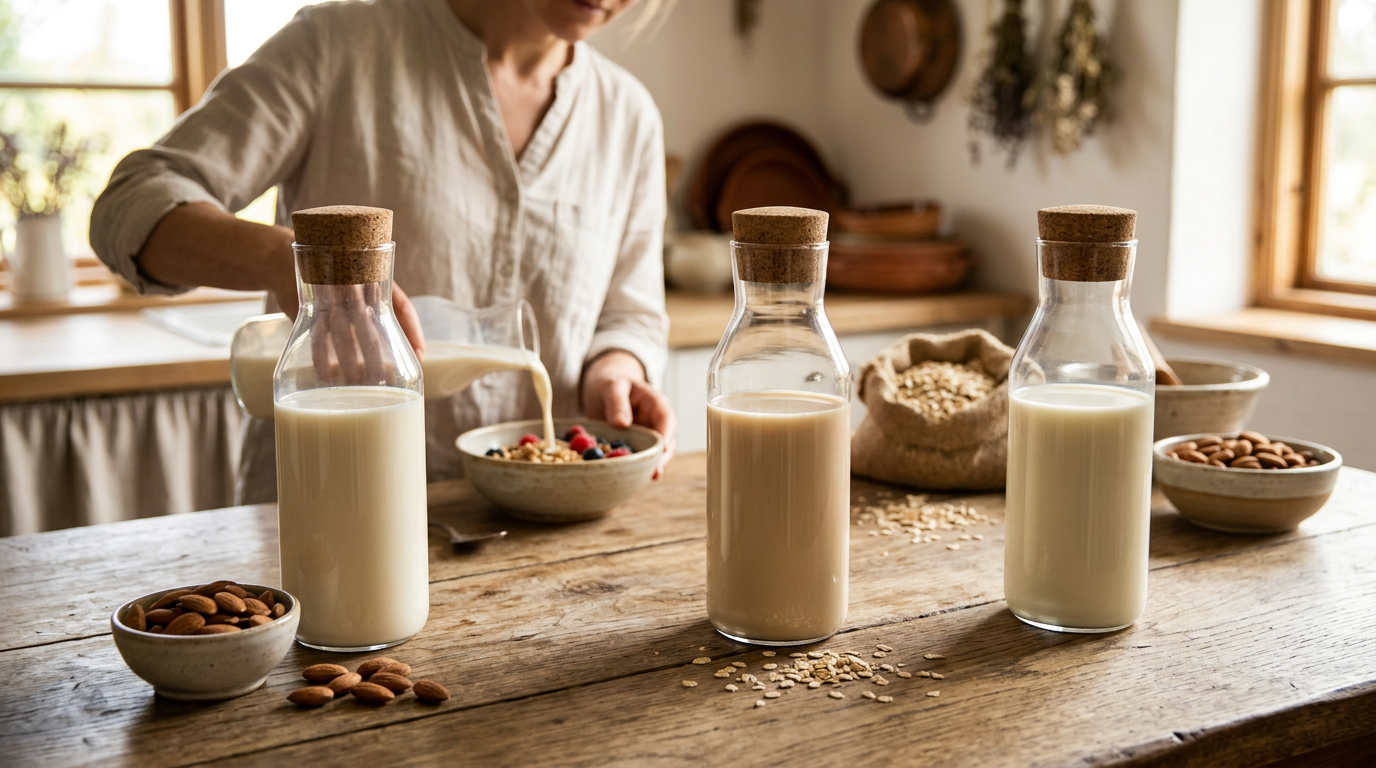 Caraffe di bevande vegetali di soia, avena e mandorla su un tavolo rustico in legno