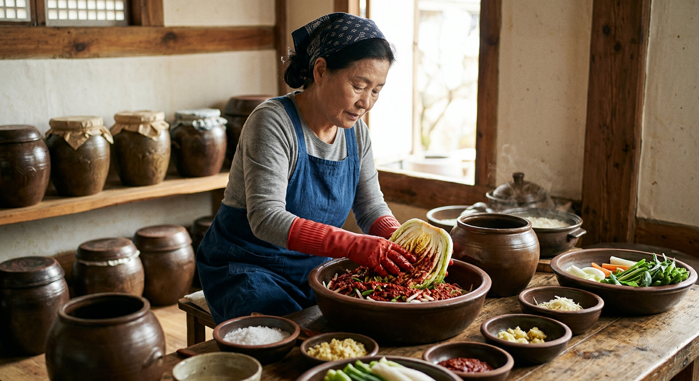 정갈한 천일염과 채소로 완성되는 전통 김치는 자연 발효 미생물이 빚어내는 식물성 과학이다.