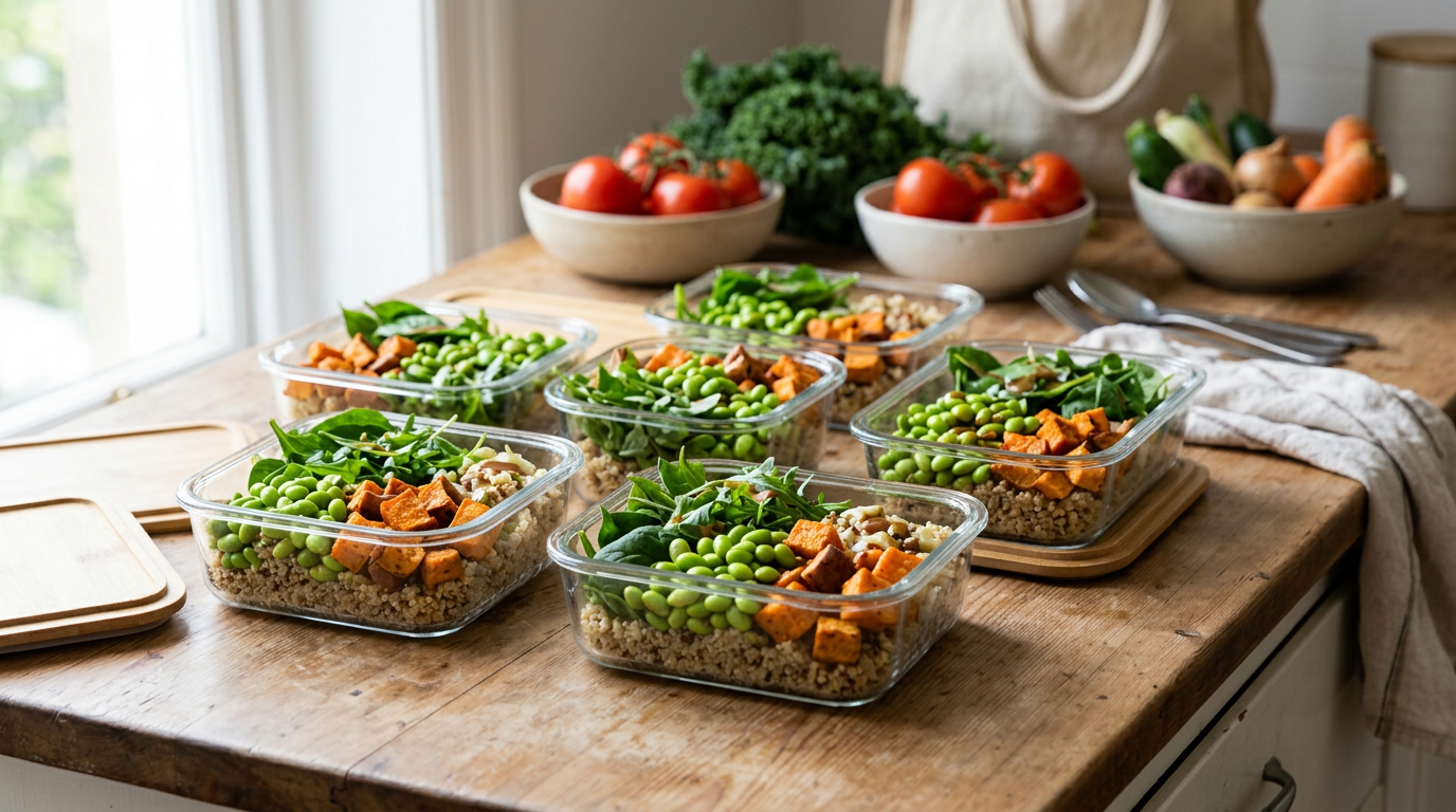 Glass meal prep containers filled with colourful quinoa, roasted sweet potatoes, edamame, and leafy greens arranged on a wooden kitchen counter.
