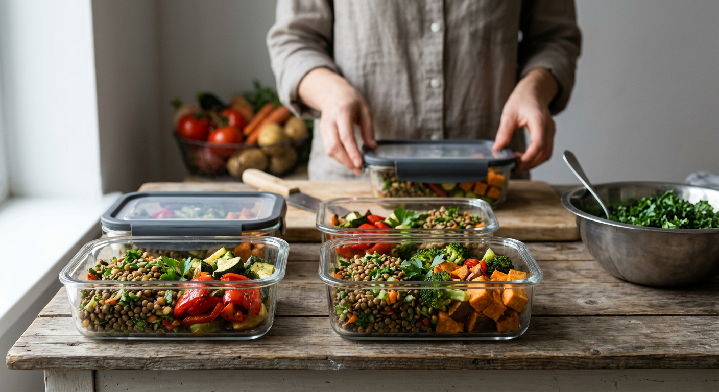 Airtight glass containers preserve the crisp texture and moisture of batch-cooked pulses and roasted vegetables throughout the week.