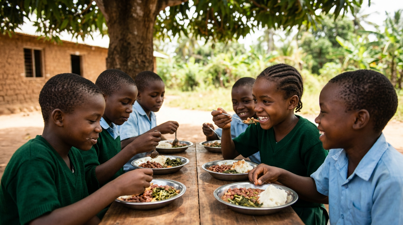 Watoto wa shule nchini Kenya wakifurahia mlo kamili wenye afya unaotokana na mimea