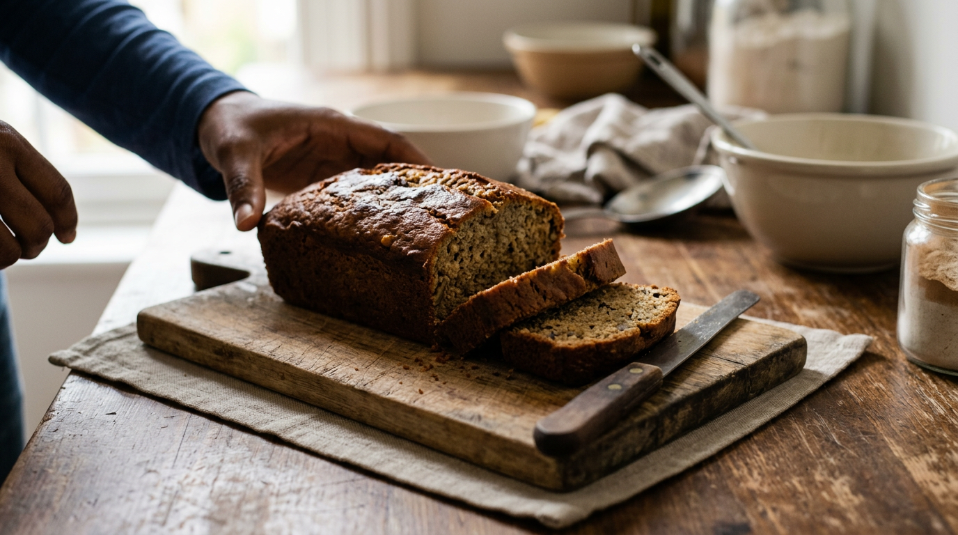 Àwòrán búrẹ́dì ọ̀gẹ̀dẹ̀ vegan tí a yan dáadáa tí a sì gé sí wẹ́wẹ́ lórí àtẹ igi
