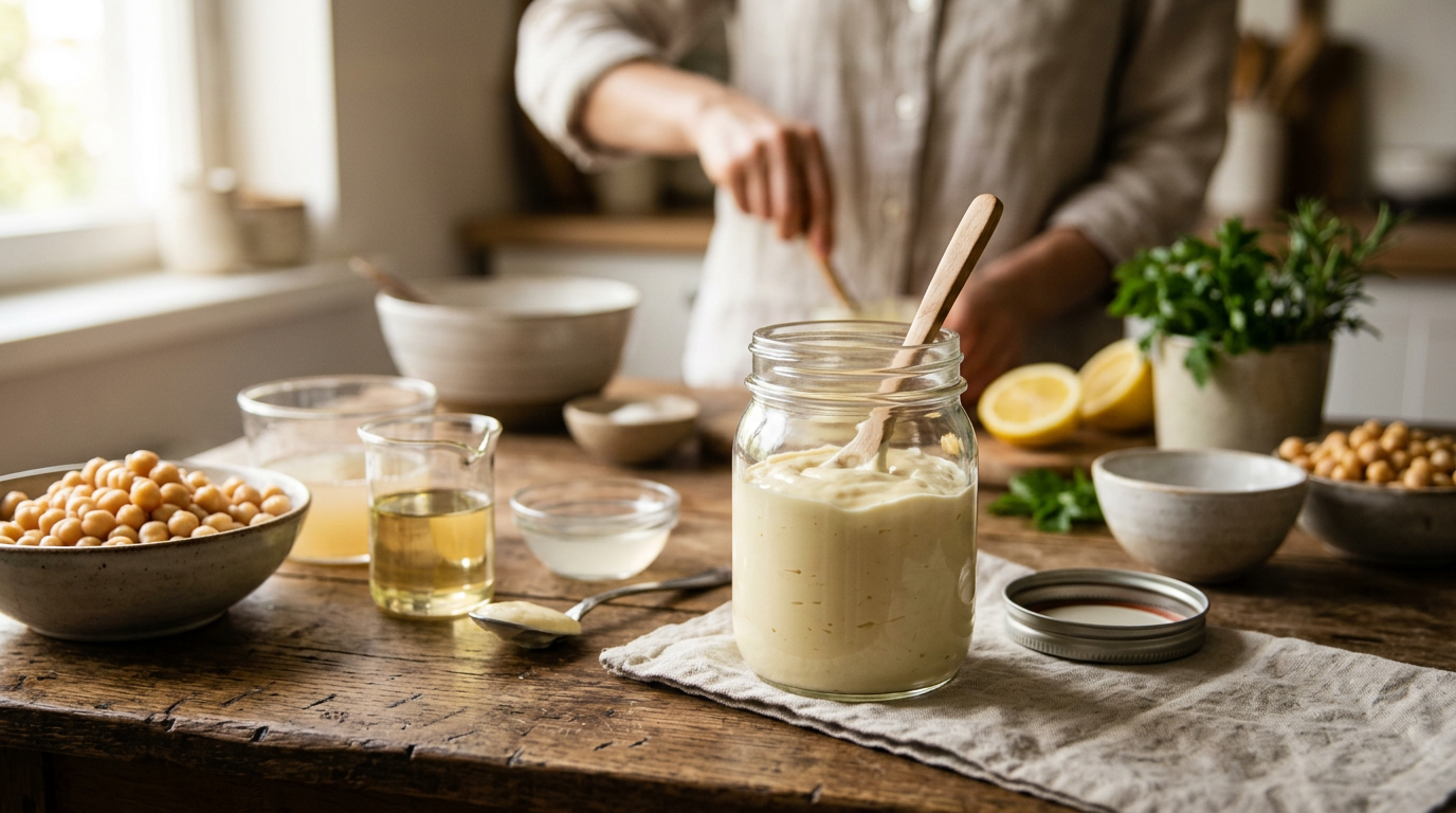 Kwalbar vegan mayonnaise da aka hada a gida tare da ruwan dafaffen wake a kan tebur