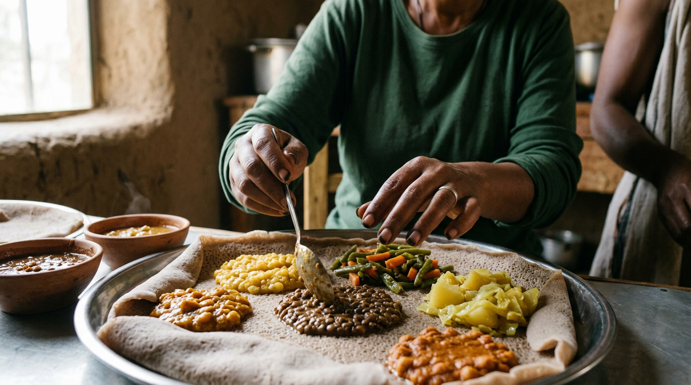 የኢትዮጵያ የጾም በያይነቱ ምግብ በእንጀራ ላይ ከሽሮ፣ ምስር እና አትክልቶች ጋር
