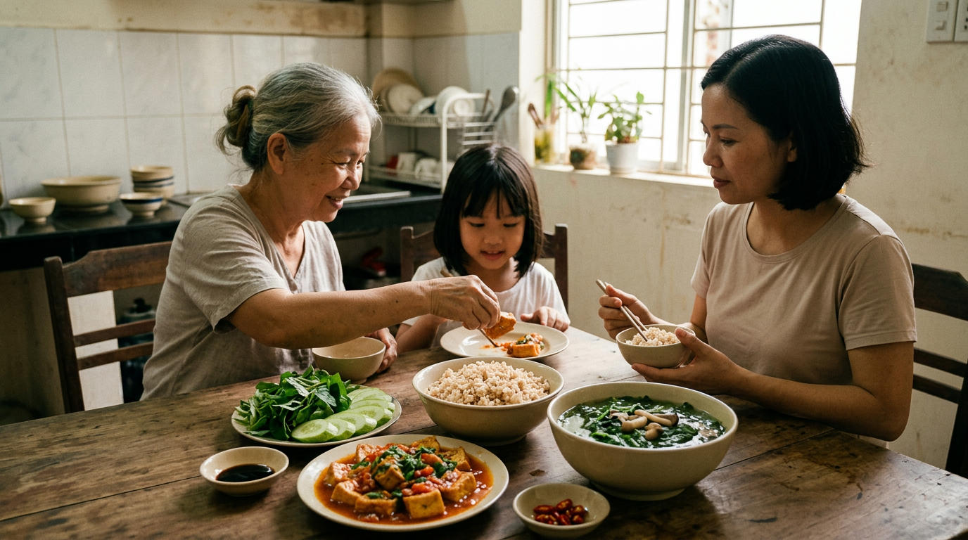 Bữa cơm gia đình Việt Nam thuần chay với đậu phụ sốt cà chua, canh rau ngót và cơm gạo lứt