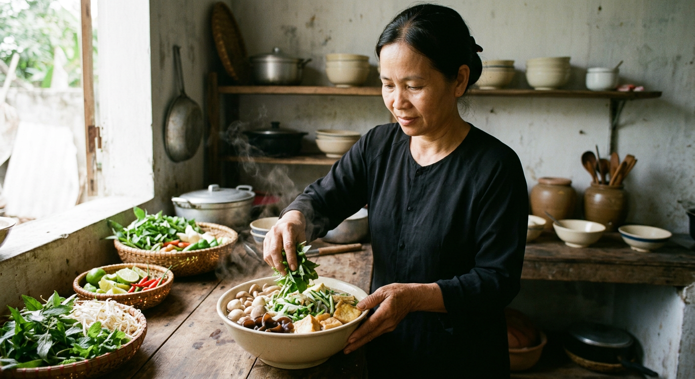 Bát phở chay thanh đạm đầy ắp nấm tươi, đậu phụ và rau mùi thơm bản địa