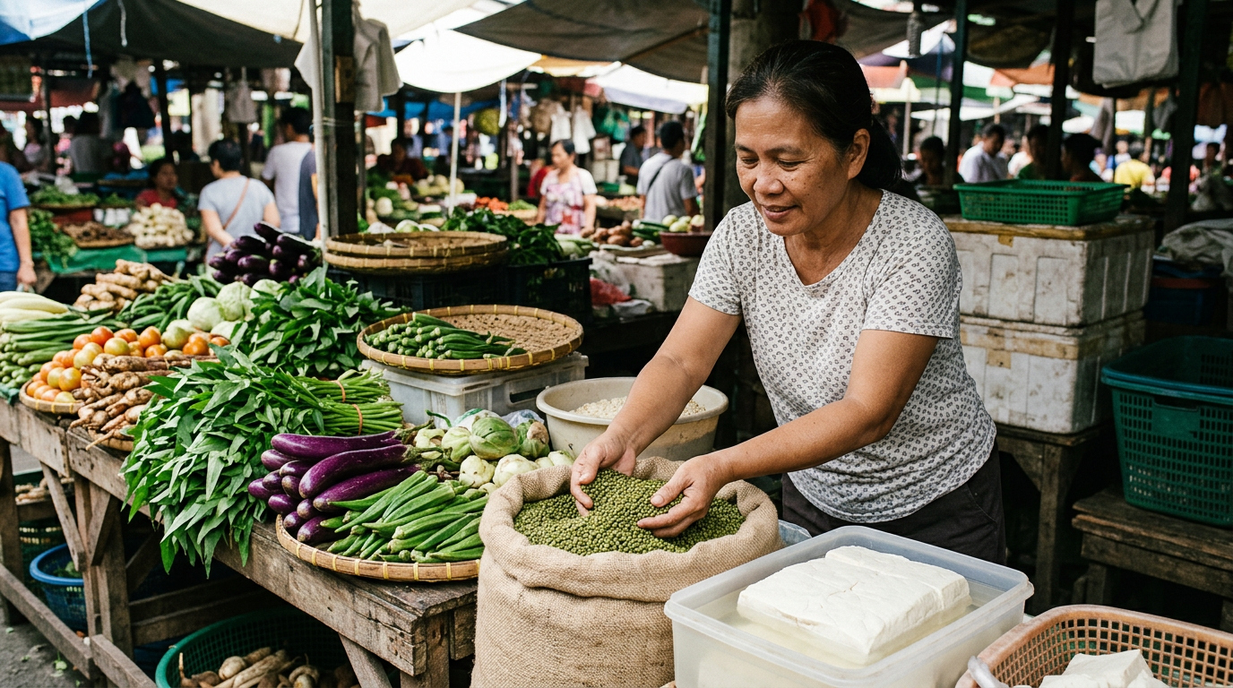Sariwang monggo, tokwa, at mga gulay sa isang lokal na palengke sa Maynila, Pilipinas