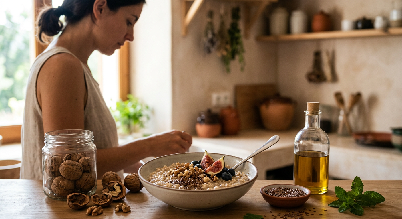 Tërshërë e ngrohtë e kombinuar me arra vendase, fara liri dhe fruta të stinës për çlirim të ngadaltë të energjisë.
