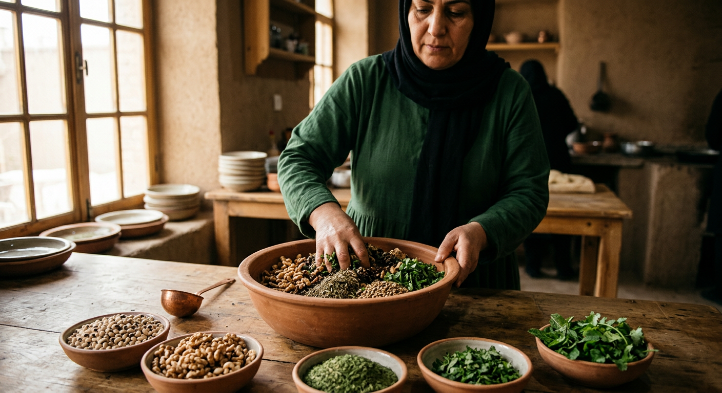 حبوبات، مغز گردو و سبزیجات خشک؛ پایههای کهن و اصیل تغذیه تشریفاتی در خاورمیانه.