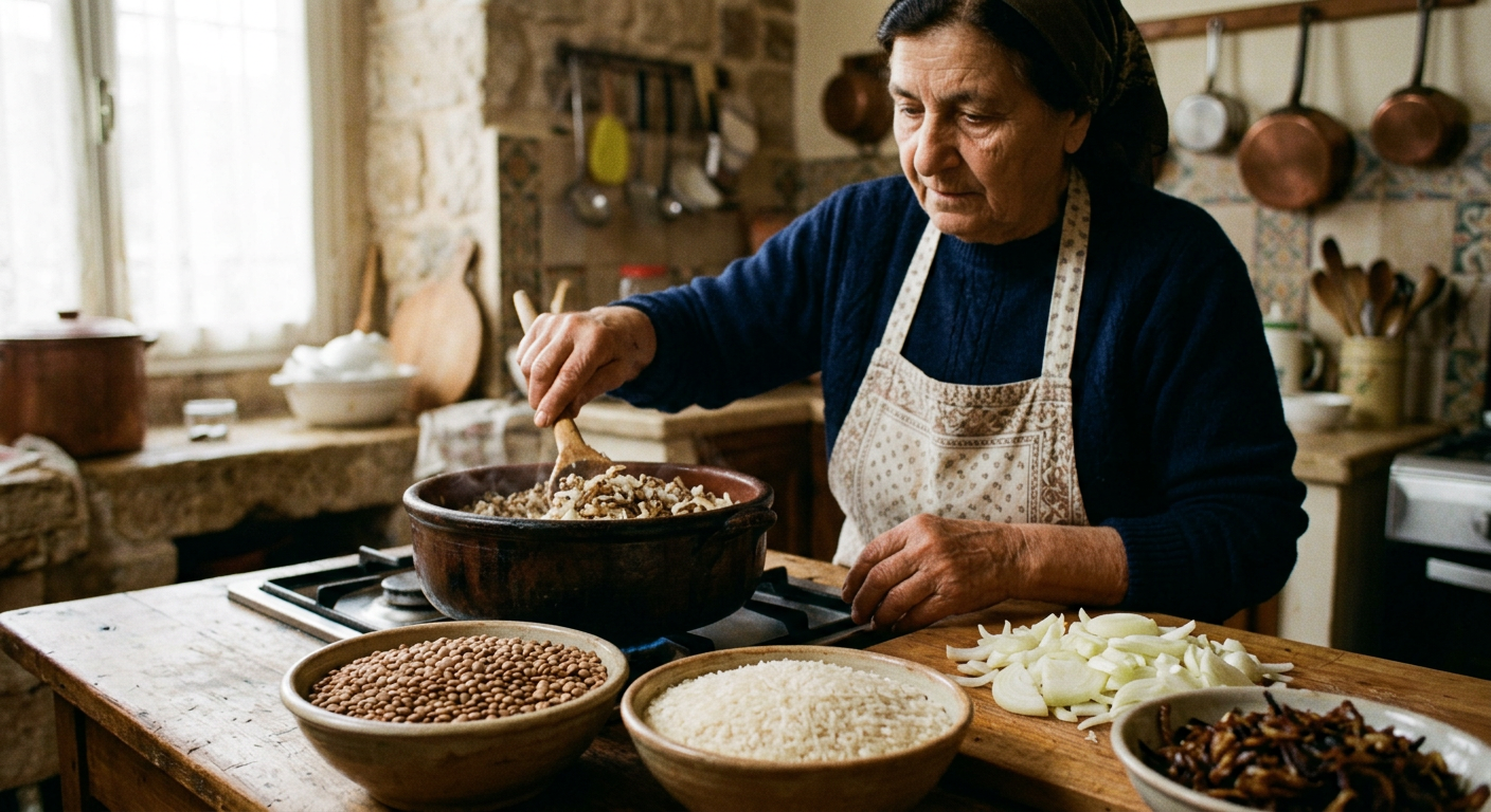 العدس البني والأرز طويل الحبة: ركيزتا البروتين المتكامل في المطبخ المتوسطي.