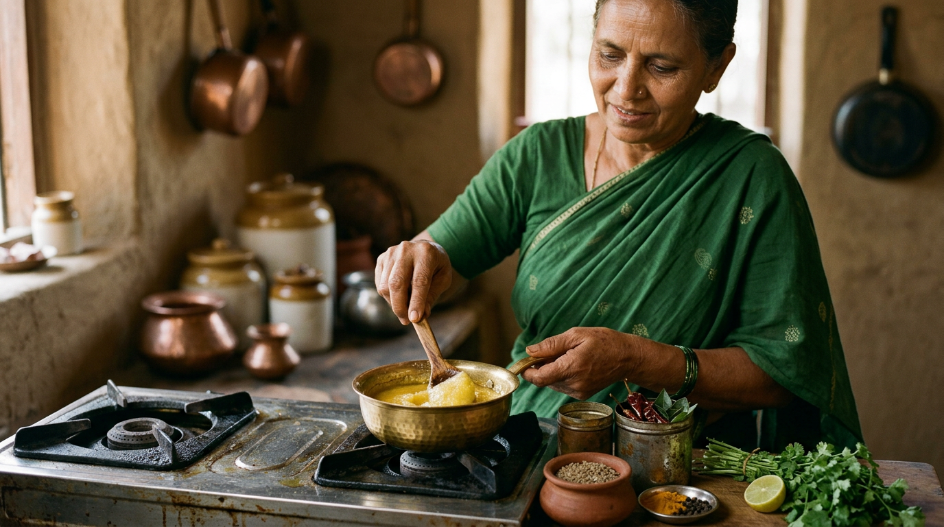 पारंपरिक भारतीय रसोई में कटोरी में रखा सुनहरी वीगन घी और पास में रखे मसाले