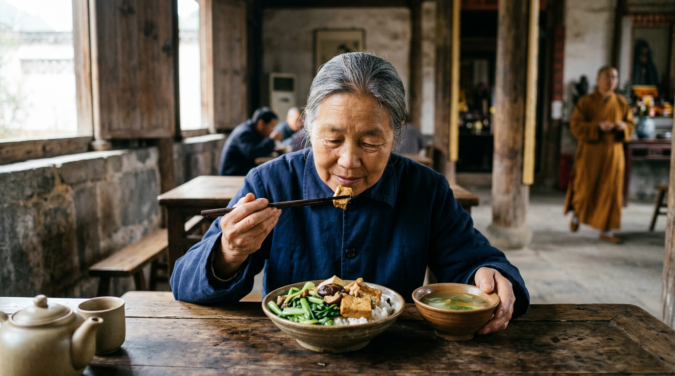 传统中式寺院素斋,包含清炒时蔬、卤豆腐与香菇