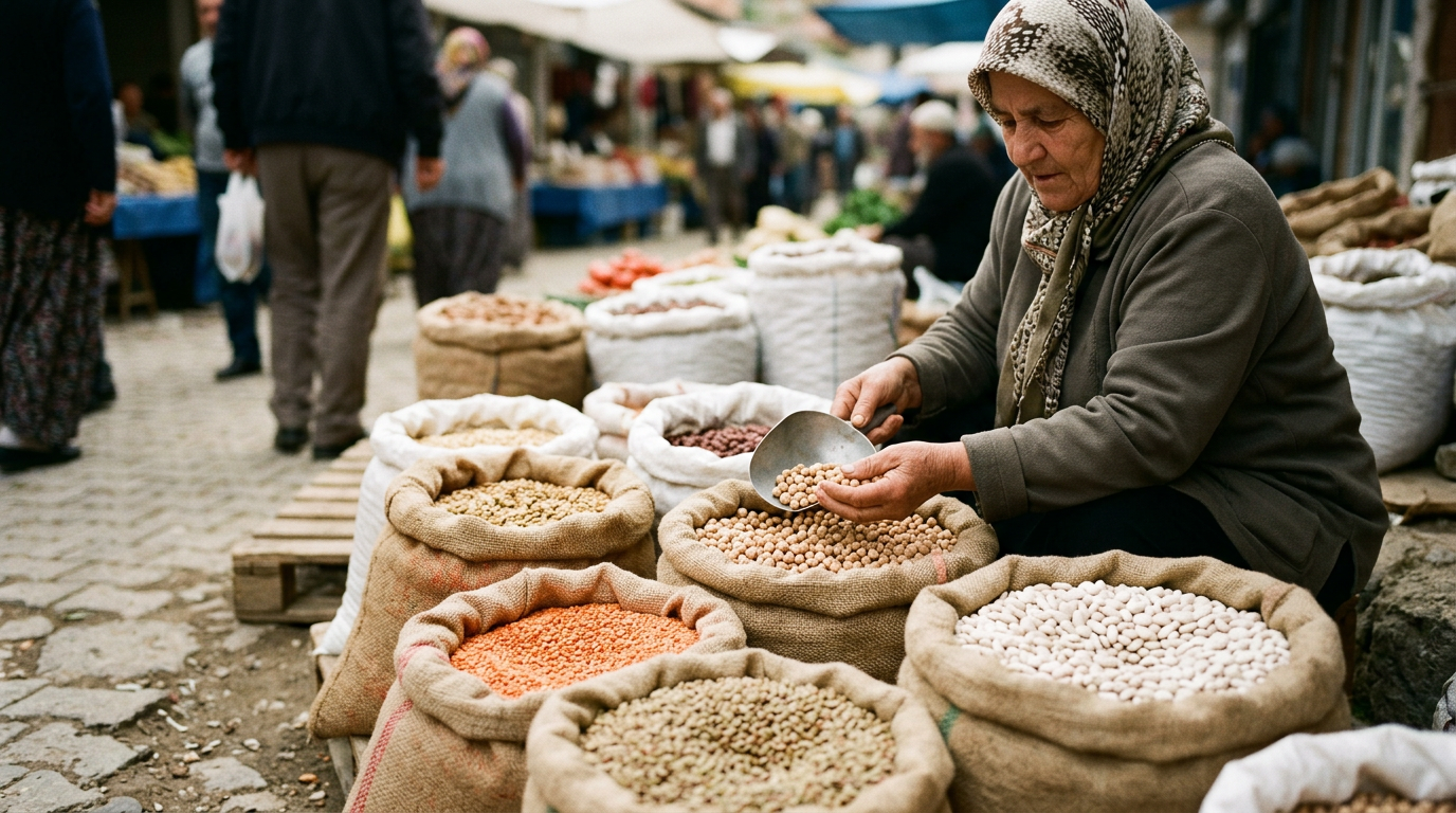 Geleneksel pazarda çuvallar içinde sergilenen kırmızı mercimek, kuru fasulye ve nohut