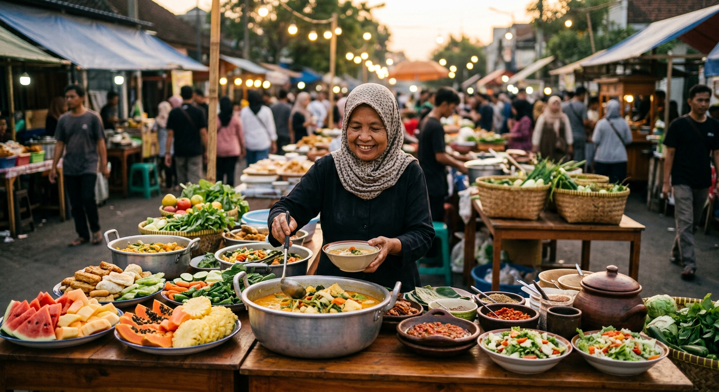 Pasar takjil sore hari di Yogyakarta yang memadukan jajanan pasar tradisional berpati utuh dengan pilihan sayuran segar.