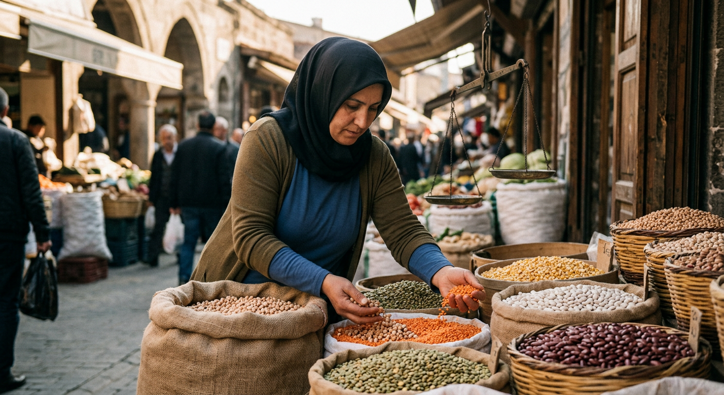 Anadolu çarşılarında satılan kuru baklagiller: Zengin lif, folat ve bitkisel protein depoları.