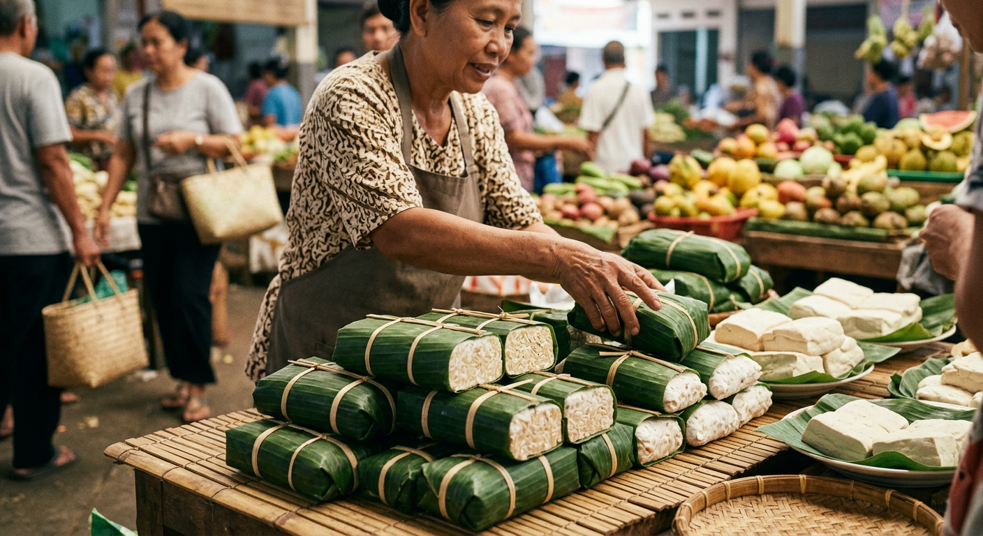 Blok tempe kedelai berbalut daun pisang di pasar pagi, sumber protein nabati fermentasi yang kaya isoflavon dan mudah dicerna.