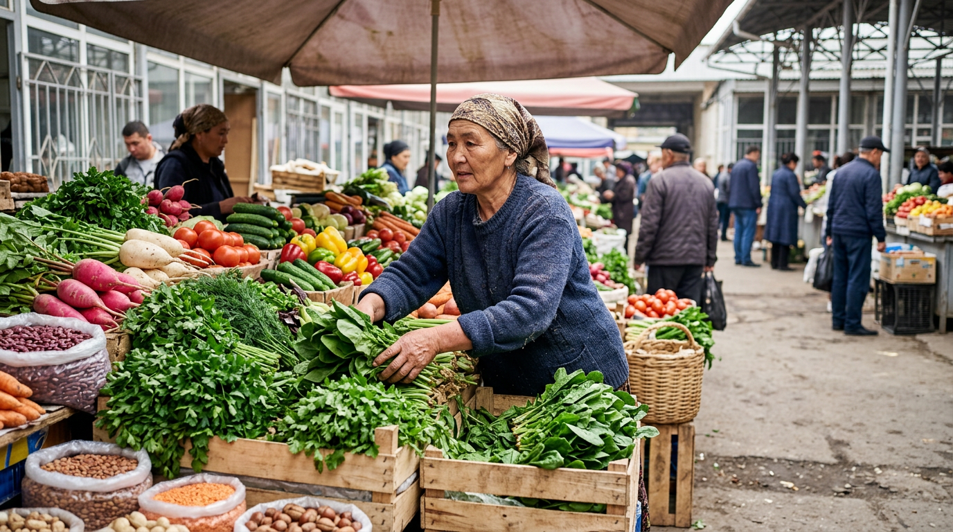Алматының Көк базарындағы жаңа піскен көкөністер, шөптер мен бұршақ дақылдары сөресі